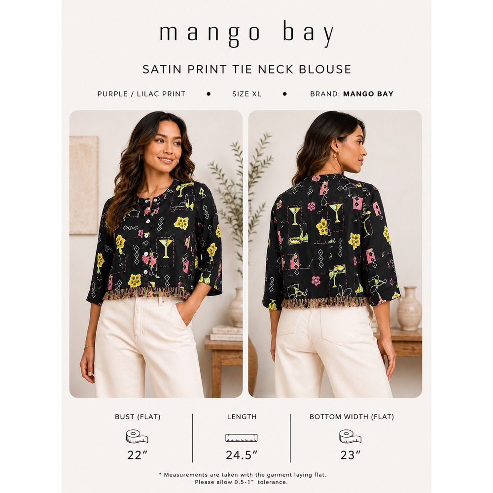 Mango‎ Bay XL Black Rayon Cocktail Print Beaded Fringe Cropped Button Front Top
